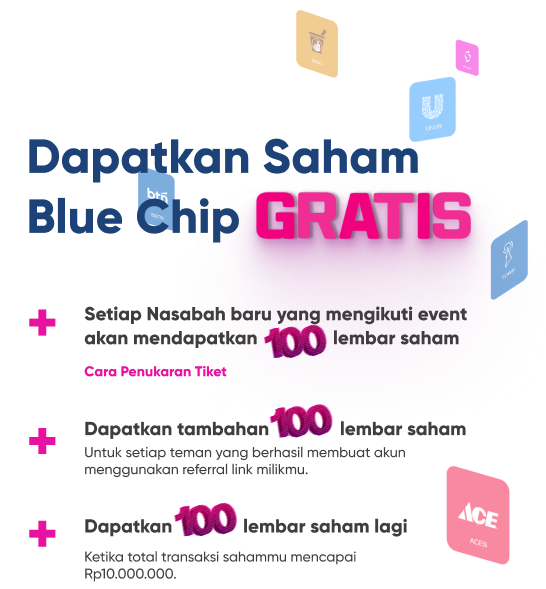 Dapatkan Saham Blue chip Gratis Setiap Nasabah baru yang mengikuti event akan mendapatkan 100 lembar saham cara penukaran tiket Dapatkan tambahan 100 lembar saham untuk setiap teman yang berhasil membuat akun menggunakan link referral milikmu dapatkan 100 lembar saham lagi ketika total transaksi sahammu mencapai Rp10.000.000.